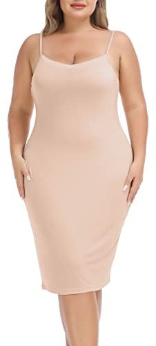Vlazom Damen Unterkleid in Übergrößen Sexy Negligee mit verstellbarem Träger Damen Unterrock(4XL,StilB-Beige)