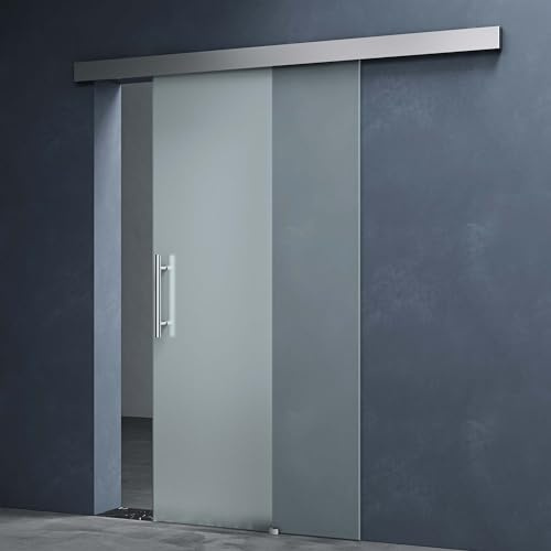 Mai & Mai Glasschiebetür komplettset softclose 90x215cm Vollsatiniert | Zimmertür, Griffart: Stangengriff, 15 mm Wandabstand, inkl. Softclose-Automatik, 8mm ESG-Sicherheitsglas Amalfi