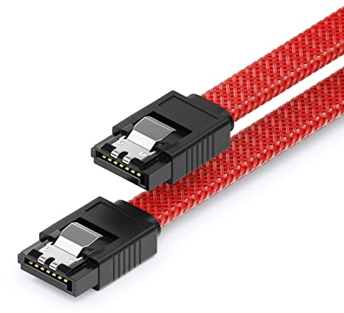 deleyCON SATA 3 Nylon Kabel 60cm gerade 6 Gbit/s - Rot | Datenkabel SATA III, Anschlusskabel, Serial ATA, für Mainboard, Festplatte, HDD SSD, 2 S-ATA L-Stecker