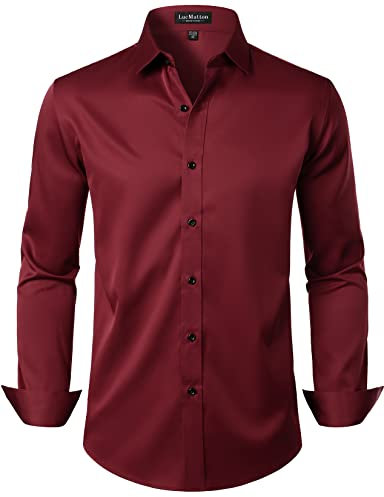 LucMatton Herrenhemd, formell, dehnbar, knitterfrei, langärmelig, schmale Passform, Button-Down-Shirt, für Hochzeit, Party, Burgunder, XL