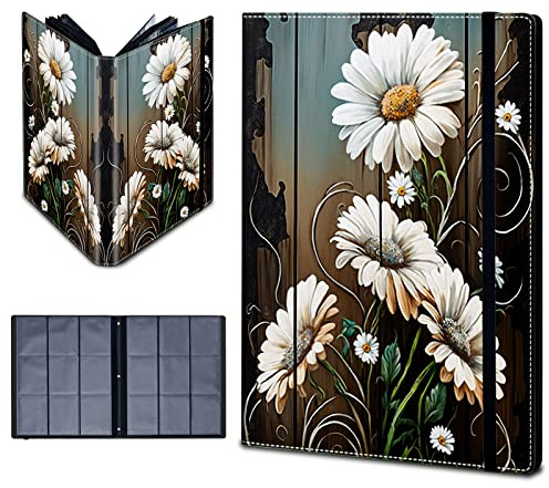 JANENFNA Trading Card Binder 9 Pocket, Waterproof Double Sided Pocket Album, Premium PU Card Book, 720 Cards Collection Binder with 40 Sleeves for Boys Girls Gift, White Daisy on Wooden Fence