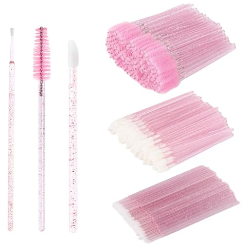 300 Pcs Spoolies Mascara Wands and Lip Brushes and Micro Swabs Applicator Disposable Eyelash Brushes Lipstick Tester Makeup Applicator Tool Pink with 1 Reusable Container
