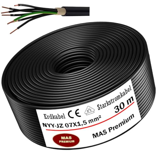 MAS-Premium Erdkabel Deutscher Marken-Elektrokabel Ring zur Verlegung im Erd- und Außenbereich Standard Starkstromkabel (NYY-JZ 7X1,5 mm², 30m)