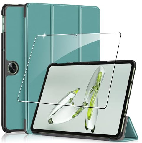 Rojeuinn Cover per Oneplus Pad Go/Oppo Pad Neo 2024 11.4 inches custodie+1 Pezzi Vetro Temperato,Gomma Protezione Protettivo,Ultra Sottile Antiurto Anti-Graffio TPU Flessibile Case-Verde