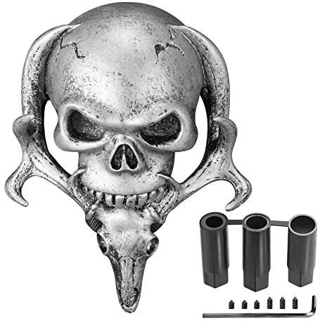 XhuangTech Auto Schaltknauf Totenkopf Schädel mit Geweih Auto Schaltknauf für die meisten manuellen automatischen Autos, Schalthebel Stick Knob mit 3 Adaptern 8mm 10mm 12mm (Silber)