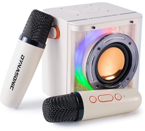DYNASONIC B52 Karaoke Två Mikrofoner Bluetooth Karaoke Högtalare Barn Elektronisk Leksak Barn Presenter för 3-15 år (VIT)