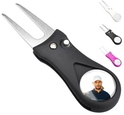 ibera gifts - Golf Divot Tool with Magnetic Golf Ball Marker, personalized with photo - Pitch Fork Repair Tool Mark