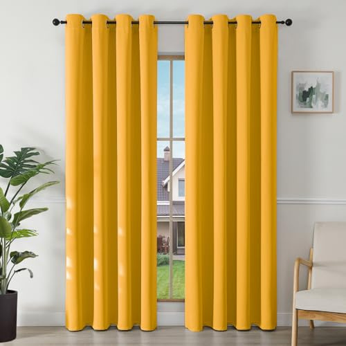 Joydeco Verdunkelungsvorhänge Zitronengelb mit Ösen 2er Set H 220 x B 140 cm, Vorhänge Blickdichte 220 cm Lang für Wohnzimmer Schlafzimmer