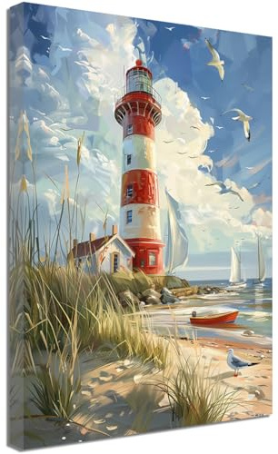 ZQQART Leinwandbild mit Leuchtturm und Ozean rote Streifen Leuchtturm Küstenbild Gemälde Strand Ozean Boot Möwen Bild rustikales Kunstwerk für Wohnzimmer Schlafzimmer Heimwanddekoration (40x60cm)