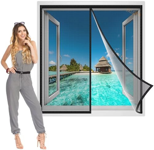 Fliegengitter Fenster 110x155 cm, Insektenschutz Fliegenschutzgitter Magnet Vorhang Fliegenvorhang Moskitonetz HäNde Frei Insektenschutz Fenstervorhang Schwarz, Verstärkte