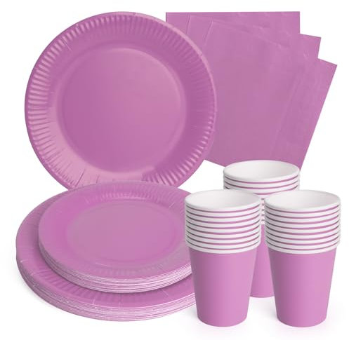 PARTY GO Partygeschirr Partyzubehör Lila Set Dekoration Geburtstag Kinderparty Geschirr Enthält 24 9 Pappteller 24 7 Pappteller 24 Pappbecher 24 Servietten für 24 Gäste Mädchen Jungen Themenparty