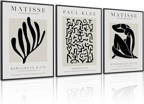 PWAAHDC Matisse Wall Art Set of 3, Framed Black and Beige Neutral Wall Art Prints for Bedroom and Living Room Walls, Pictures for Walls 30x40cm (12x16)