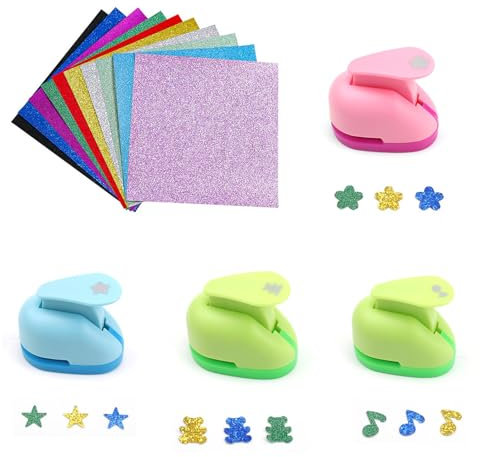PARFCO Papierstanzer, 4 Stück Kleine Größe Etikettenstanzer, 4 Muster Motivstanzer Set, Motivstanzer Kreis mit 20 Blatt Goldstaubpapier, für Karten, Scrapbooking, Geschenkanhänger