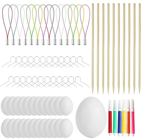xianshi 25 Pcs Ostereier Zum Bemalen, Plastik Ostereier, Styroporeier, Eier Zum Bemalen mit 25 Handyketten, 25 Eisendrähte, 10 Bambusstäbe und 6 Farbige Aquarellstifte