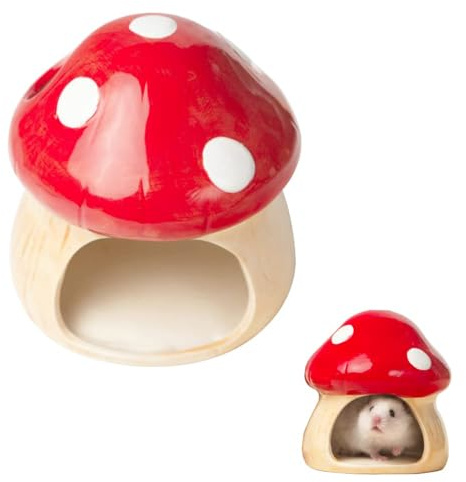 JVHLOV Hamster Hideout de Cerámica en Forma de Hongo, Cabaña para Pequeños Animales, Casa de Cerámica para Hámsters, Refugio Fresco para Hamsters, Gerbos y Ratones (Pet Nest+Pet Bowl)