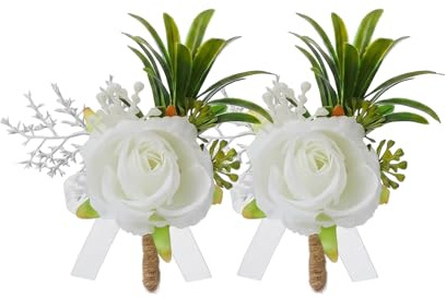 ASTRQLE Ansteckblume mit weißen Rosen, für Herren, Hochzeit, künstliche Blumen, Bräutigam, Trauzeugen, Boutonniere für Hochzeit, formelle Dinner-Party, Zeremonie, Jahrestag, 2 Stück