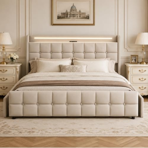 DULRLLY Bett 160x200 mit Stauraum Polsterbett Doppelbett mit USB Ladefunktion und LED-Kopfteil und 4 Schubladen Stauraumbetten Jugendbett Bettgestell mit Lattenrost, Ohne Matratz,Linnen (Beige)
