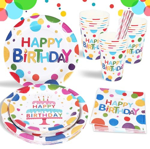 100 Pcs Rainbow Birthday Party Tableware Set - Disposable Paper Plates Cups Napkins Straws for Kids Birthday Party Supplies, Colourful Party Pack for Boys Girls Adults Wedding Baby Shower Picnic