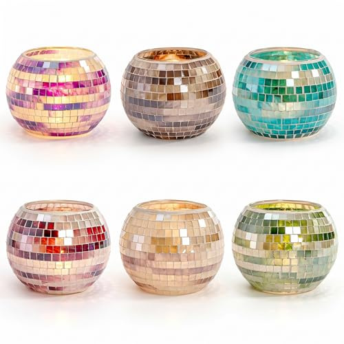 SOUJOY 6 Pack Votive Candle Holder, Handmade Mosaic Glass Tealight Holders, Diwali Decorative Scented Candle Bowl for Valentine, Party, Christmas Table Centerpiece Decor