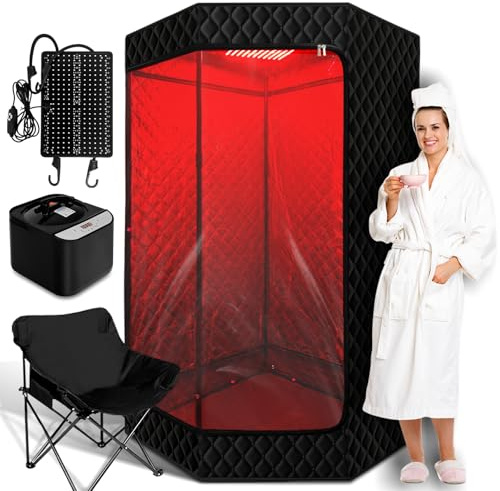 Red Light Sauna Box for Relaxation,Detoxification,Portable Steam Sauna for Home with XL Steamer,16 Levels, 71”x 35”x35”，Double Doors，Larger Folding Chair, Gym-Black，