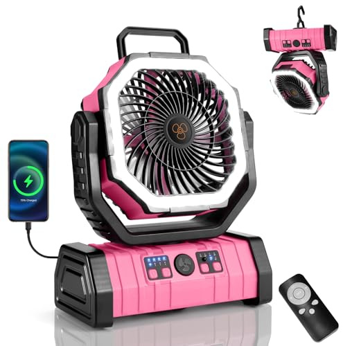 Odoland 30000mAh Camping Fan with LED Lantern, Rechargeable Battery Operated Oscillating with Remote Hook, Portable Tent Fan with Timer, 4 Speeds for Outdoor RV Jobsite Power Outage, Pink