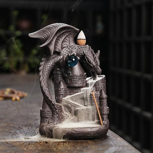 Bruciatore di incenso a flusso inverso, fatto a mano, in ceramica, con 20 coni a riflusso, per la decorazione di casa e ufficio, yoga e meditazione (drago marrone)