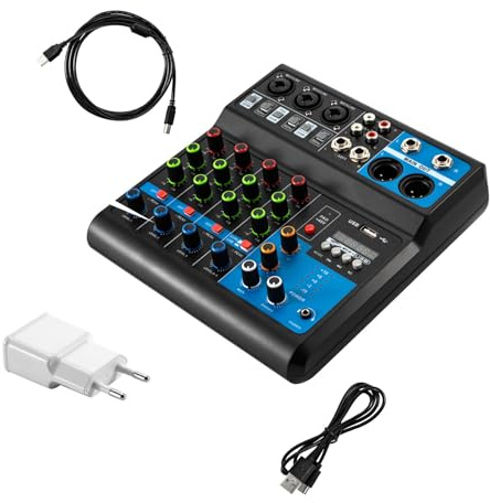 TONFEION Mini mixer audio Dj, sistema a 5 canali, alimentazione phantom 48 V con Bluetooth USB MP3 stereo, mixer audio DJ professionale, console mixer audio stereo a 5 canali