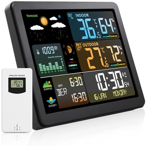 Wireless Weather Station with Outdoor Indoor Sensor, Large Digital LCD Display, Temperature, Humidity, Weather Forecast, Barometer, Moon Phase, Alarm Clock for Home, Garden, Office, Bedroom, Farm