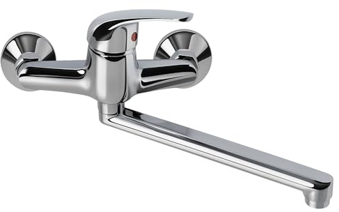 Rubinetto Lavello Cucina | Miscelatore Monocomando a Muro con Canna Orientabile | Acqua Calda e Fredda | Ottone Finitura Cromato | Attacco 3/8 | Kit Completo Installazione Facile