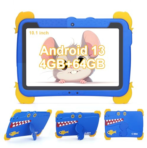 C idea 10,1 Pouces pour Enfants Tablette, 4 Go de RAM + 64 Go de ROM, écran FHD 1280 x 800, Batterie 6000 mAh, contrôle Parental, Wi-FI, Bluetooth, Tablette Android pour Enfants de 3 à 12 Ans (Bleue)