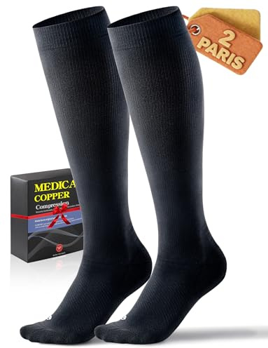 Medical Copper Compression Socks 20-30 mmHg for Women & Men (2 Pairs) - Knee High Graduated Compression for Circulation, Swelling, Odor Control, Athletic, Travel, Flying