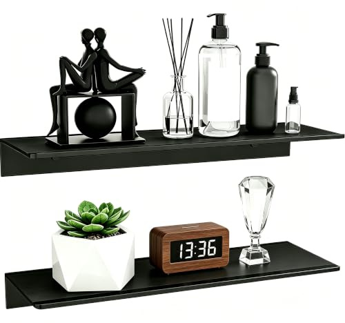 Wisfame 2er-Set Wandregal Schwarz, 40cm Metall Duschregal | Massives Wasserfestes | Rostfreies Aluminium, Belastung 10kg, dekorative Regale für Wände für Rahmen, Pflanzen, Duschgel