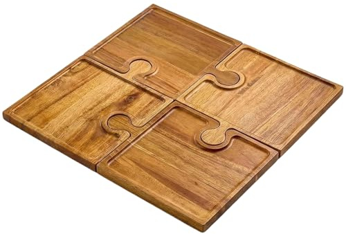 Tagliere di salumi | Set tagliere per formaggi in legno da 4 pezzi | Taglieri a forma di puzzle con manici | Ideale per picnic in cucina, campeggio, antipasti, regalo per la famiglia ospitante