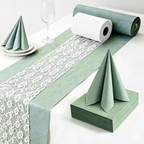 Tischläufer Eukalyptus Grün & Weiß, 2 Rollen Tischdeko Set für Taufe konfirmation Jugendweihe Hochzeit und Geburtstag Deko, Vlies Tischläufer (30 cm x 25 m) & Spitzenband (15 cm x 22 m) & Servietten