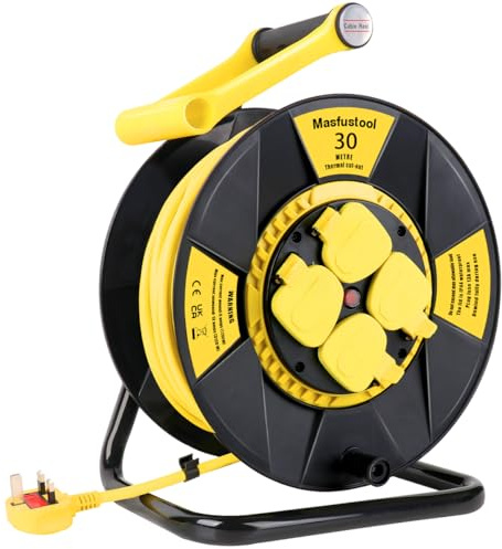 Masfustool Cable Reel, 30m, IP44 Rated Extension Lead, 13A with Thermal Cut Out, 4 Sockets