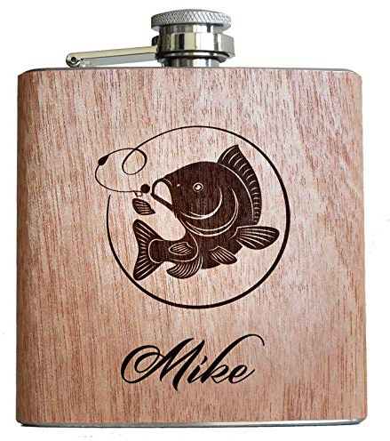 Flachmann aus Holz, mit Karpfen und persönlicher Namens Gravur! Geschenk Angler Carp Hunter Angeln Fischen