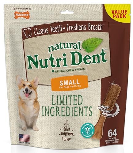 Nylabone Nutri Dent Dog Dental Chews - Natural Dog Teeth Cleaning & Breath Freshener - Dental Treats for Dogs - Filet Mignon Flavor, Small (64 Count)
