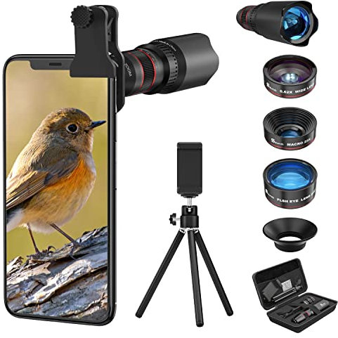 Selvim Phone Camera Lens Phone Lens Kit with 22X Telephoto Lens, 235°Fisheye Lens, 25X Macro Lens, 0.62X Wide Angle Lens, Compatible with iPhone 11 12 8 7 6 Plus X XS XR Samsung Android Pixel