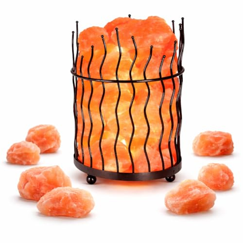WBM Tall Round Metal Basket Salt Chunks lamp with Touch Dimmer Switch | 6-8 lbs, Salt Lamp, Ideal for Gift, Decor & Desk