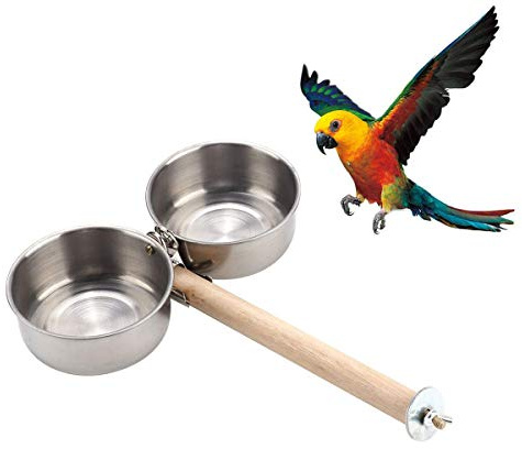 Bird Perch with Feeder CupsBowls Stainless Steel Odorless with Holder Hanger for Outside Durable Water Food Dispenser for Parakeet Cockatiel Conure African Grey Macaw Cage Accessories (B-20CM)