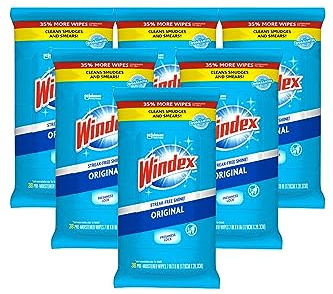 Windex Glass Cleaning Wipes, Pre-Moistened Glass and Surface Wipes to Clean Home Surfaces, Household Essentials, Original Scent, 38 Count (Pack of 6)