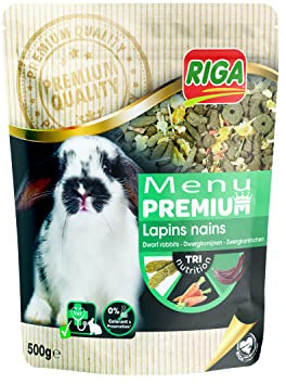 Riga Premiummeny, foder för dvärgkaniner - Blandning av frön, spannmål, frukt och grönsaker - Tri-Nutrition-koncept - Rik på vitaminer och mineraler – 500 g
