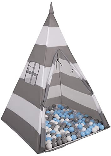 Selonis Tipi Spielzelt Mit 900 Bälle 6 cm Indianerzelt Für Kinder, Grau-Weiße Streifen:Grau/Weiß/Transparent/Babyblau