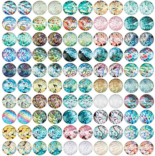 PandaHall 12mm Muschelglas-Cabochons, 100 Stück Gemischte Ozean-Küsten-Fliesen, Seesterne, Muscheln, Mosaik, Bedruckte Bildfliesen, Halbrunde Kuppel, Cabochons Für Hawaii, Sommer, Schmuckherstellung