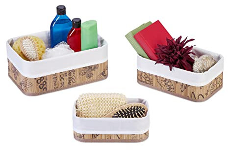 Relaxdays Aufbewahrungskorb 3er Set, Bambus mit Stoffbezug, 3 Größen, Windelkorb, Bad, Kosmetik & Handtücher, weiß/natur