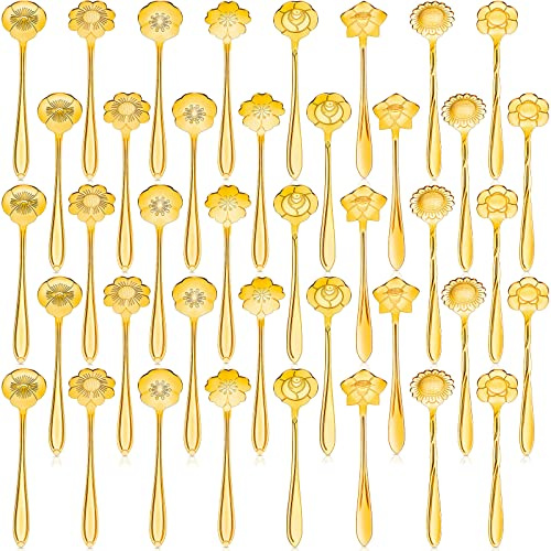 Eboot 40 Pcs Gold Flower Teaspoon Stainless Steel Tea Party Spoons Mini Cute Teaspoon Stirring Coffee Sugar Drink Demitasse Espresso Spoons for Bridal Shower Wedding Party Favors Decorations