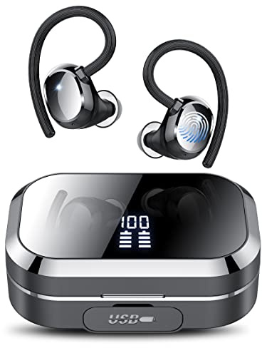 KT1 Bluetooth Headphones Wireless Earbuds 120hrs Playtime Wireless Charging Case Digital Display, Ear Buds with Earhook,IPX7 Waterproof, Deep Bass 2.0,Over-Ear Earphones for Sport Running