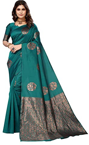Yashika Women's Banarasi Cotton Silk Sari with Blouse, Rama, One size