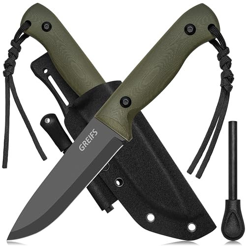 GREIFS® Outdoor-Messer aus D2 Stahl mit Kydex Holster und Feuerstahl, edles Survival Messer für die Bushcraft Ausrüstung, Jagdmesser, Schnitzmesser, Fahrtenmesser (BushMaster/Olivgrün)
