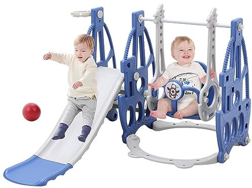 FUKEA Kids Slide, 4-in-1 Toddler Slide and Swing Set with Basketball Hoop Garden Climbing Frames, Slide for Toddlers Age 1-3 Indoor & Outdoor, Garden Slides for Kids(Blue)